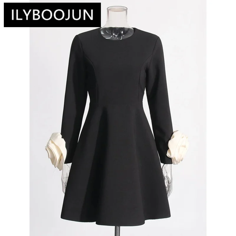 

ILYBOOJUN Colorblock Casual Patchwork Appliques Dress For Women Round Neck Long Sleeve High Waist Minimalist Dresses Female