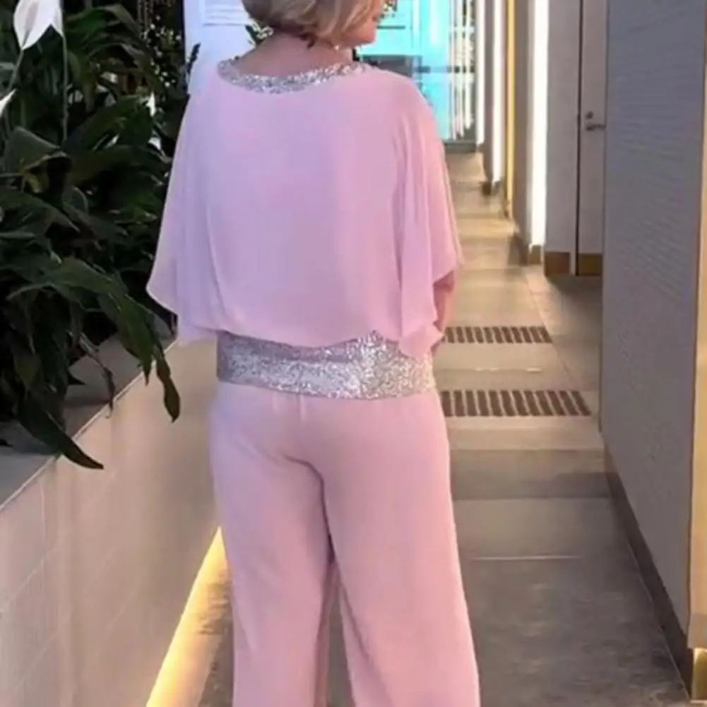 Flattering Fit Clothing Women's Glitter Patchwork Chiffon Outfit Set with O-neck Batwing Sleeve Tops Wide Leg Pants for Female
Flattering Fit Clothing Women's Glitter Patchwork Chiffon Outfit Set with O-neck Batwing Sleeve Tops Wide Leg Pants for Female