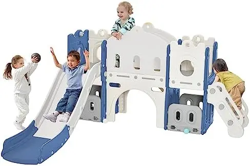 

6-in-1 Kids Slide Playset, Freestanding Slide Playhouse with Climber, Basketball Hoop, Tunnel and Storage Space, Indoor Outdoor