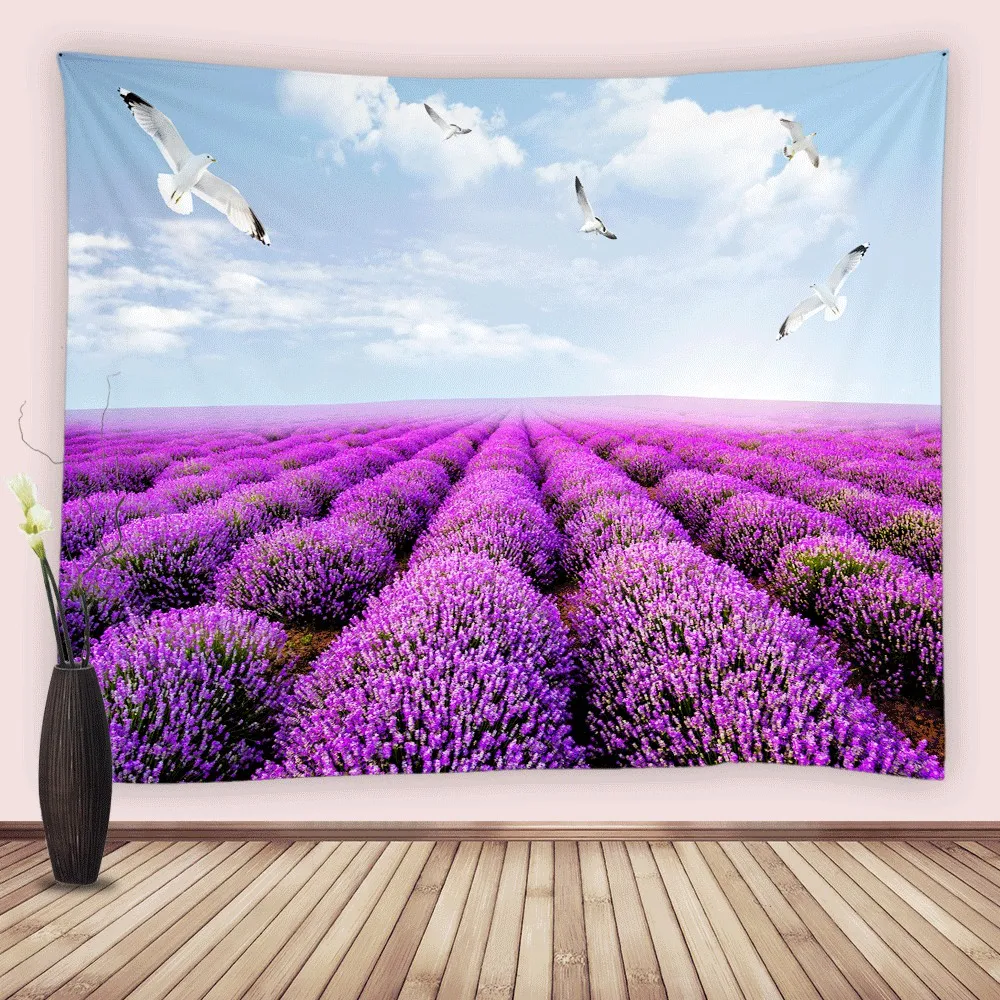 

Flower Field Seagull Wall Tapestry Purple Floral Lavender Tapestries Mural Bedroom Living Room Wall Art Home Decor Hanging Cloth