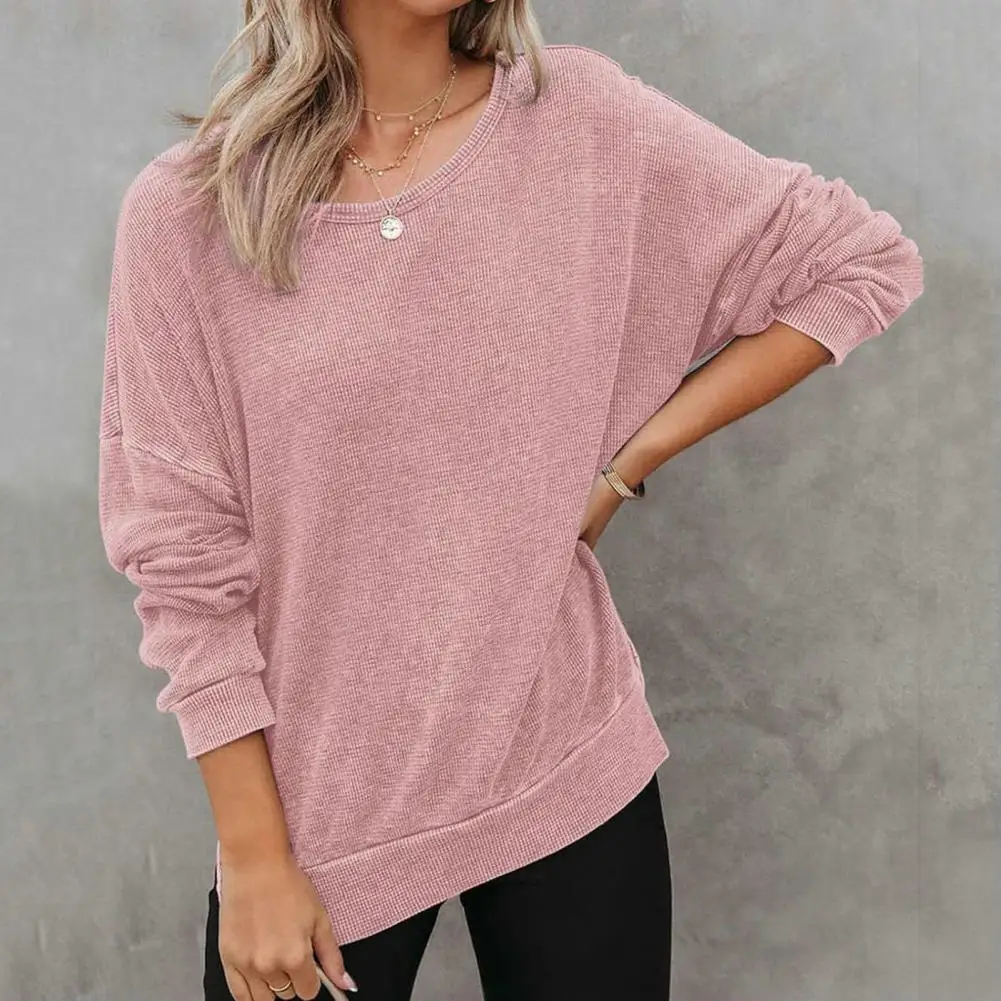 

Women Hoodie Oversized Waffle Knit Crewneck Sweatshirt Long Sleeve Side Slits Casual Pullover Sweatshirt Tops