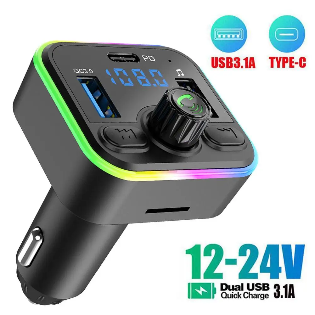 

Car Bluetooth 5.0 FM Transmitter Dual USB 3.1A Fast Light Ambient Type-C Player Colorful MP3 PD Modulator Handsfree Charger X3D2