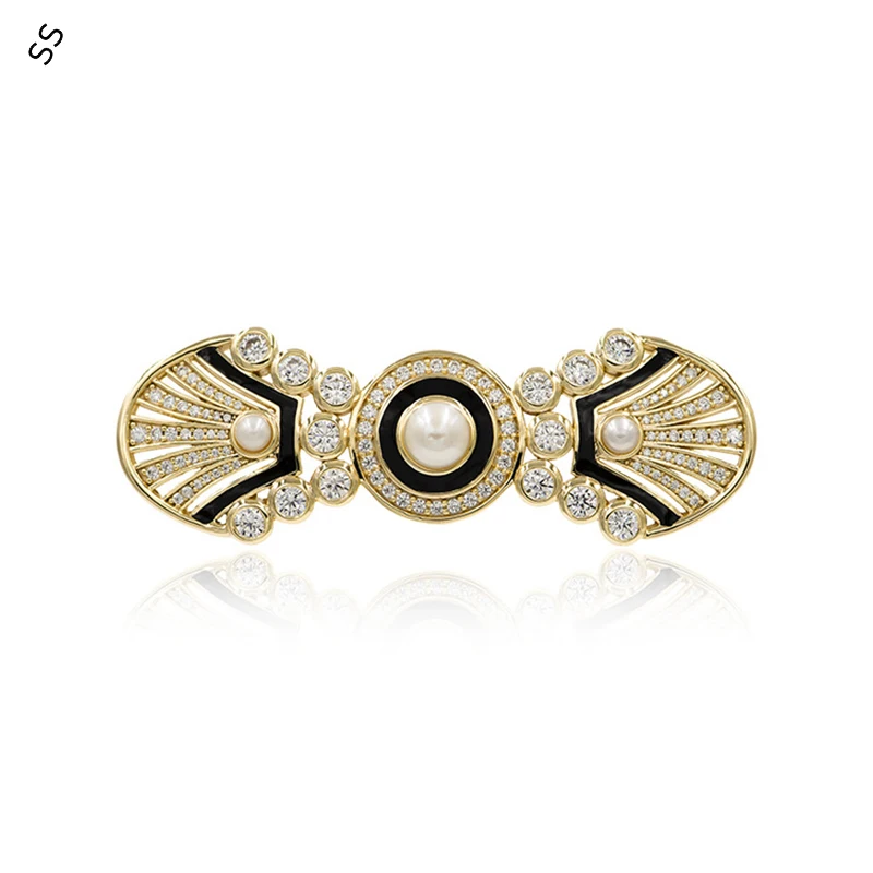 

Sterling Silver Gold-plated Brooch for Women Vintage Natural Freshwater Pearl Black Drip Glue Coat Silk Scarf Buckle Pin Corsage