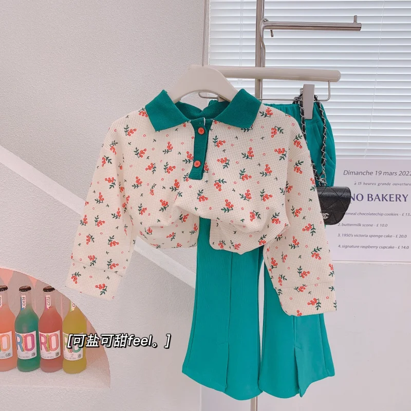 

Autumn New Girls' Suit Cute Floral Lapel Sweater plus Flared Pants Two-Piece SuitWS