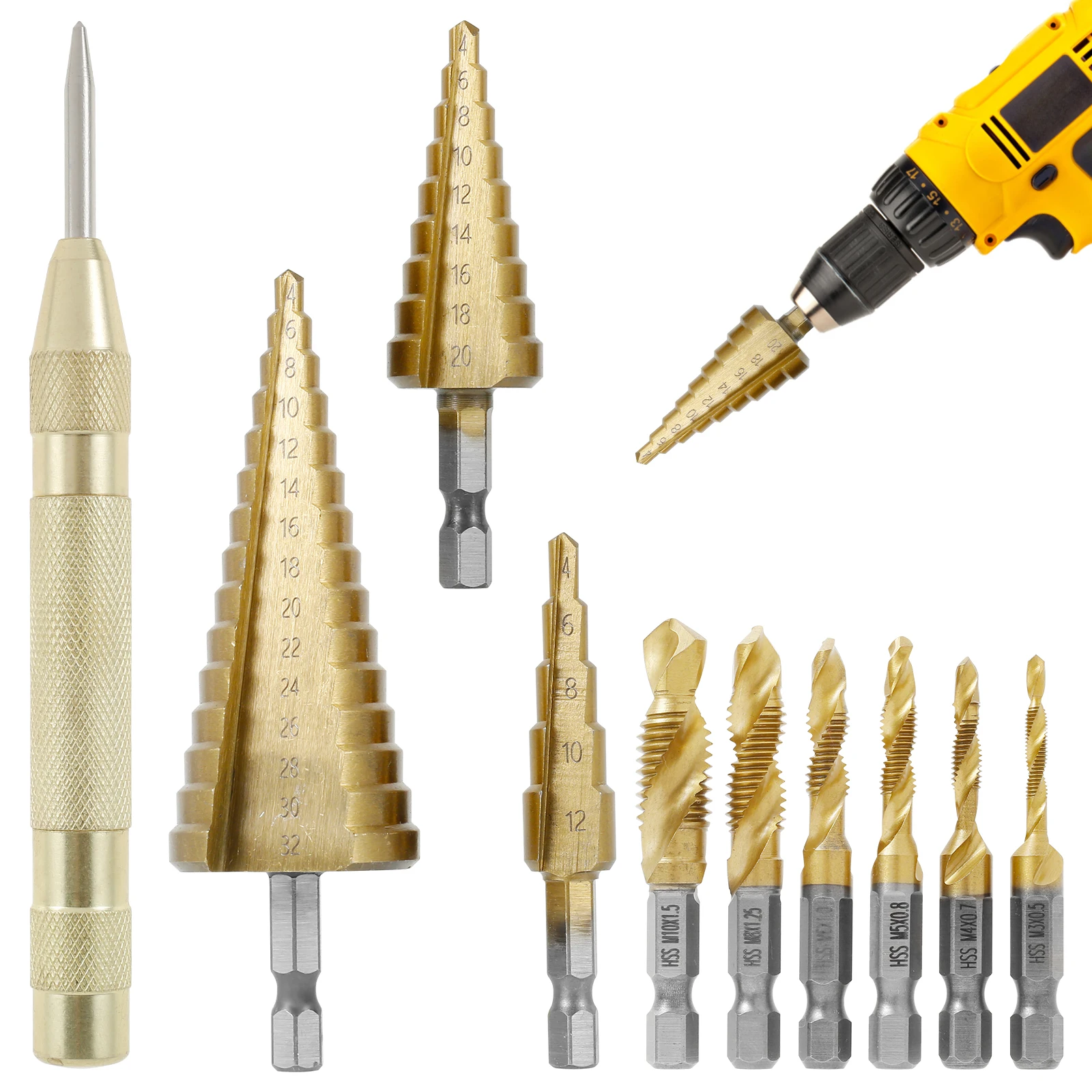 10Pcs Combination Drill Bit Set Straight Flute Step Drill Bit Hex Shank Screw Tapping Drill Bit Spring Loaded Automatic Center
10Pcs Combination Drill Bit Set Straight Flute Step Drill Bit Hex Shank Screw Tapping Drill Bit Spring Loaded Automatic Center