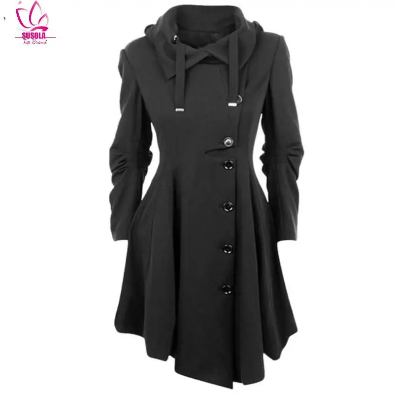 

SUSOLA 7XL Pea Coat Women's Long Fleece Pea Jacket Gothic Trench Coat Winter Punk Collar Peacoat Outwear Slim Hood Dress Coat