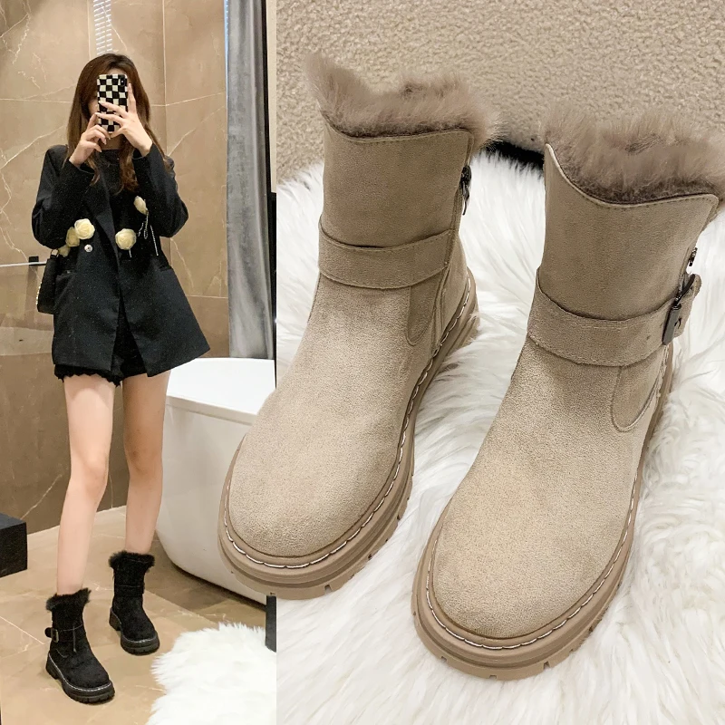 

Genuine Leather Fur Snow Boots Plush Warm Furry Boot For Women Winter Shoes Waterproof Female Mid-Calf Booties Botas Mujer New I