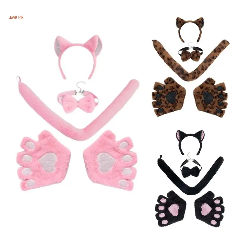 

N1HE комплект костюма для кошек, кошачьи уши, хвост, перчатки, галстук-бабочка, нарядный костюм животного, комплект аксессуаров