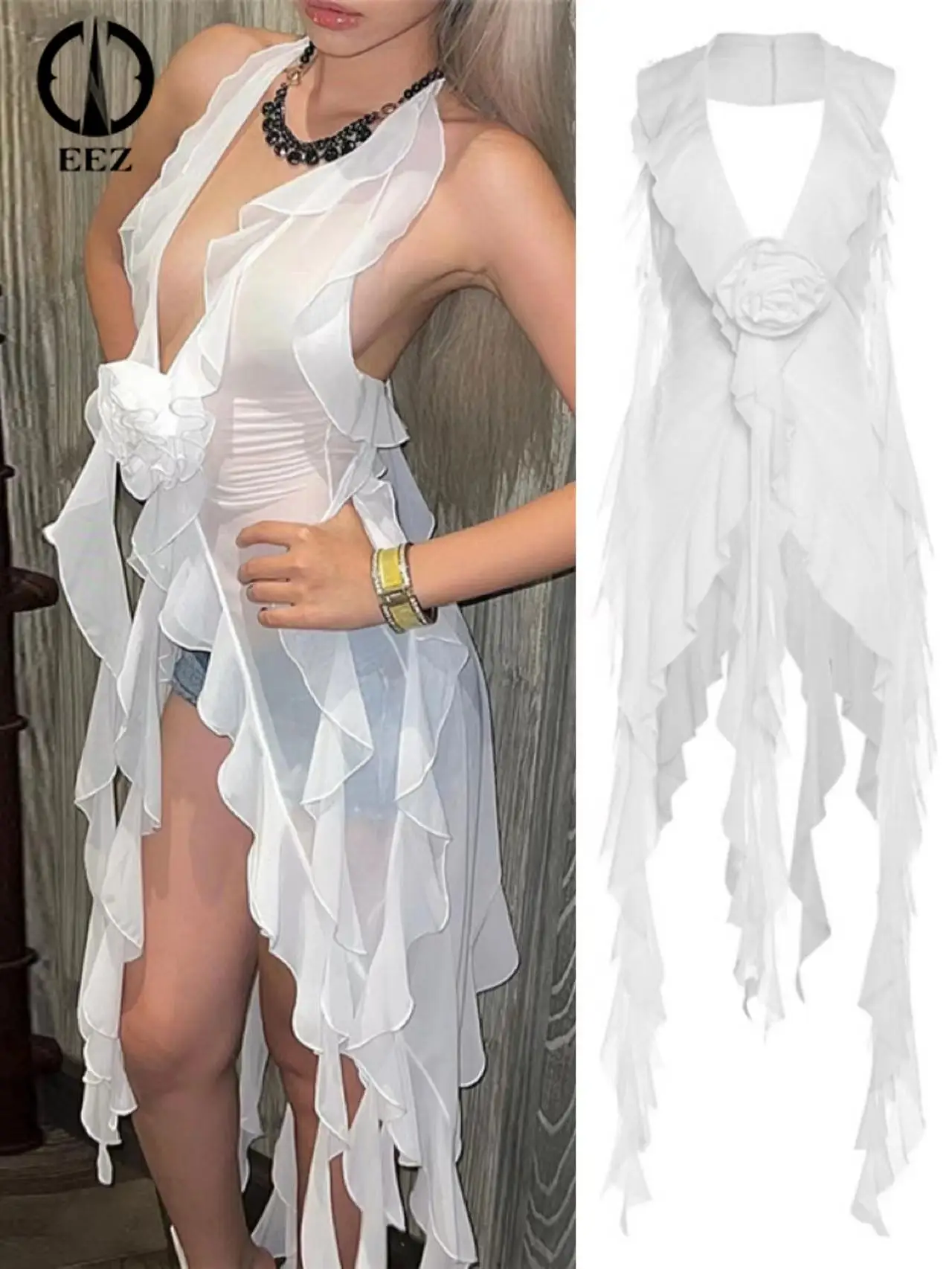 Sexy Flower Applique Mesh Ruffle Dress Women See Through Sleeveless Backless Halter Neck Irregular Shirts Autumn Lady Partywear
Sexy Flower Applique Mesh Ruffle Dress Women See Through Sleeveless Backless Halter Neck Irregular Shirts Autumn Lady Partywear