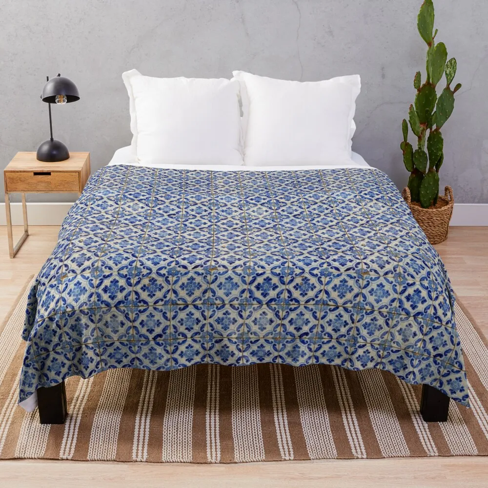 

Португальская плитка. Одеяло с синими цветами и листьями, мягкое одеяло, одеяла, декоративные диваны, свободное одеяло