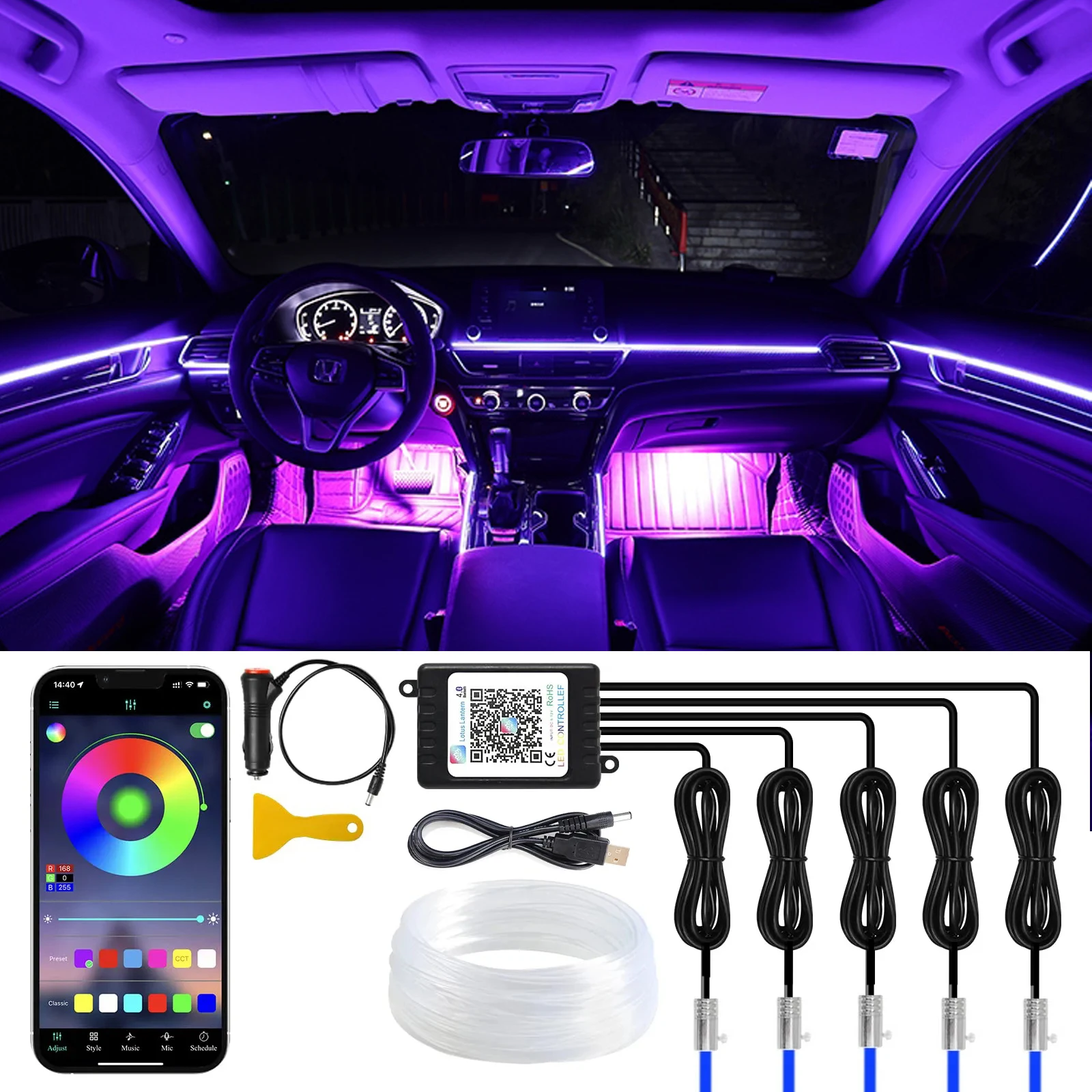 

6 in 1 RGB Car Light Interior Ambient Light Fiber Optic Strips Light by App Control DIY Music LED 8M Fiber Optic Band Atmosphere