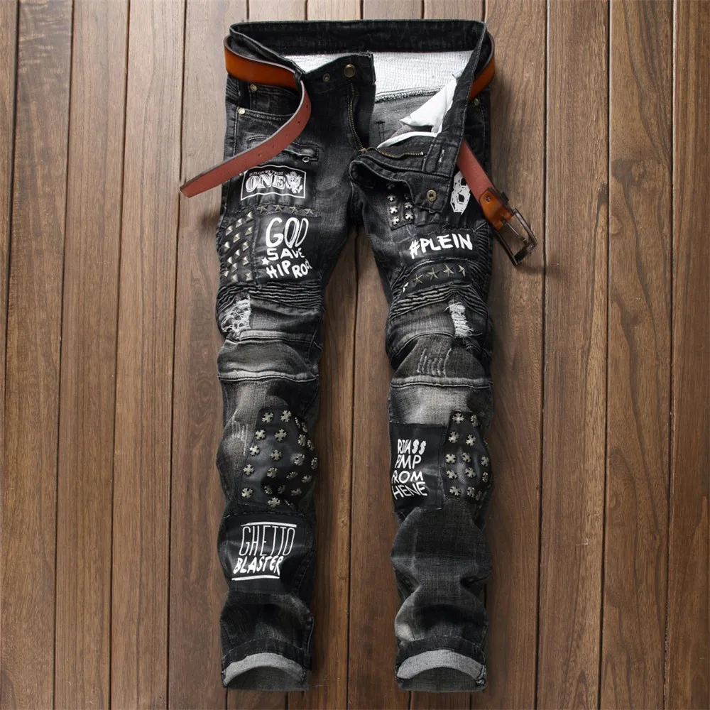 High Quality Fashion New Men Jeans Holes Rivets Stitching Folds Stickers Motorcycle Denim Pants
High Quality Fashion New Men Jeans Holes Rivets Stitching Folds Stickers Motorcycle Denim Pants