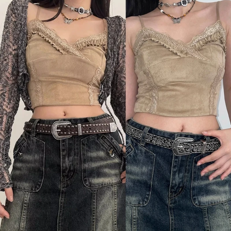 

50JB Punk Body Chains for Dress Stage Dancing for Women Girls Studded Belt Hot Girl Oversize Y2K Engraved Buckle Jeans Belt