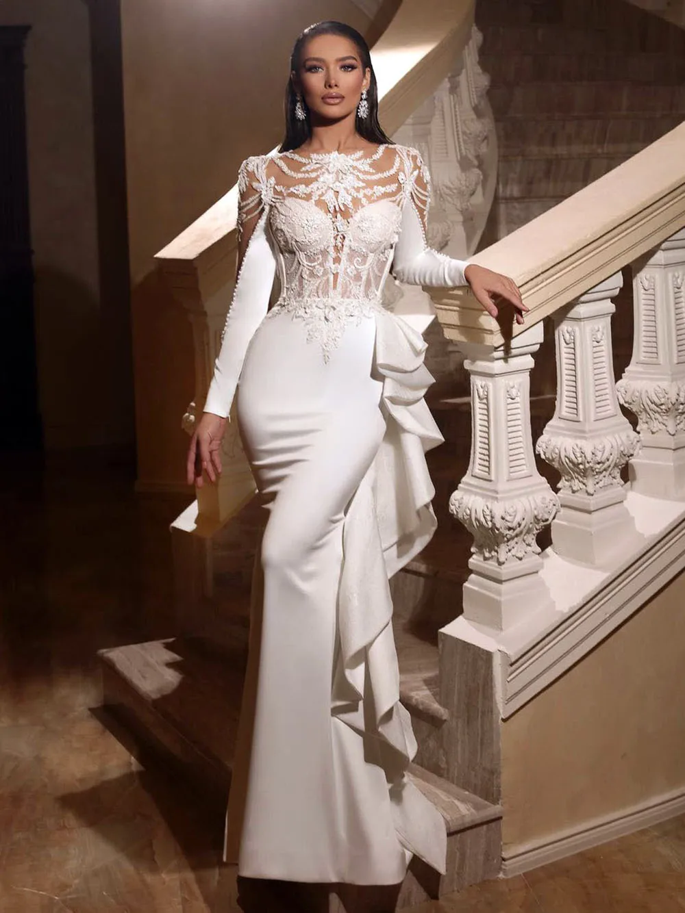 Charming Jewel Wedding Dresses Illusion Lace Appliques Mermaid Bridal Gowns Custom Made Ruffles Trumpet Long Vestido de novia
Charming Jewel Wedding Dresses Illusion Lace Appliques Mermaid Bridal Gowns Custom Made Ruffles Trumpet Long Vestido de novia