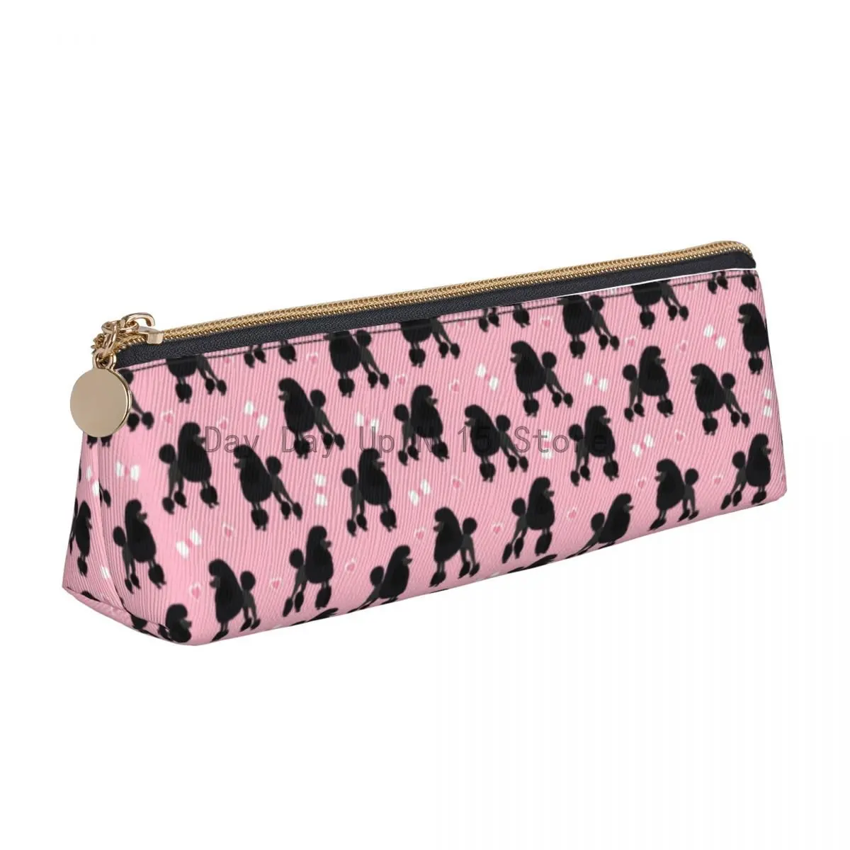 

Black Poodle And Bow Triangle Pencil Case Animal Print University Print Zipper Pencil Box For Teens Kawaii Leather Pen Bags