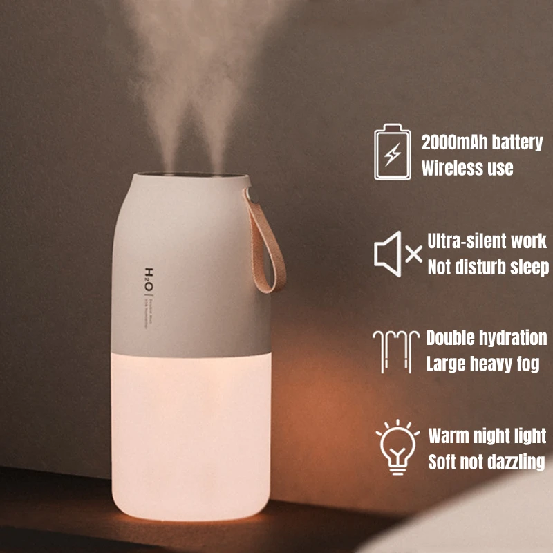 

300ml Dual Sprayer Air Humidifier 2000mAh USB Rechargeable Battery Wireless Aroma Mist Maker Fogger Diffuser Light Umidificador