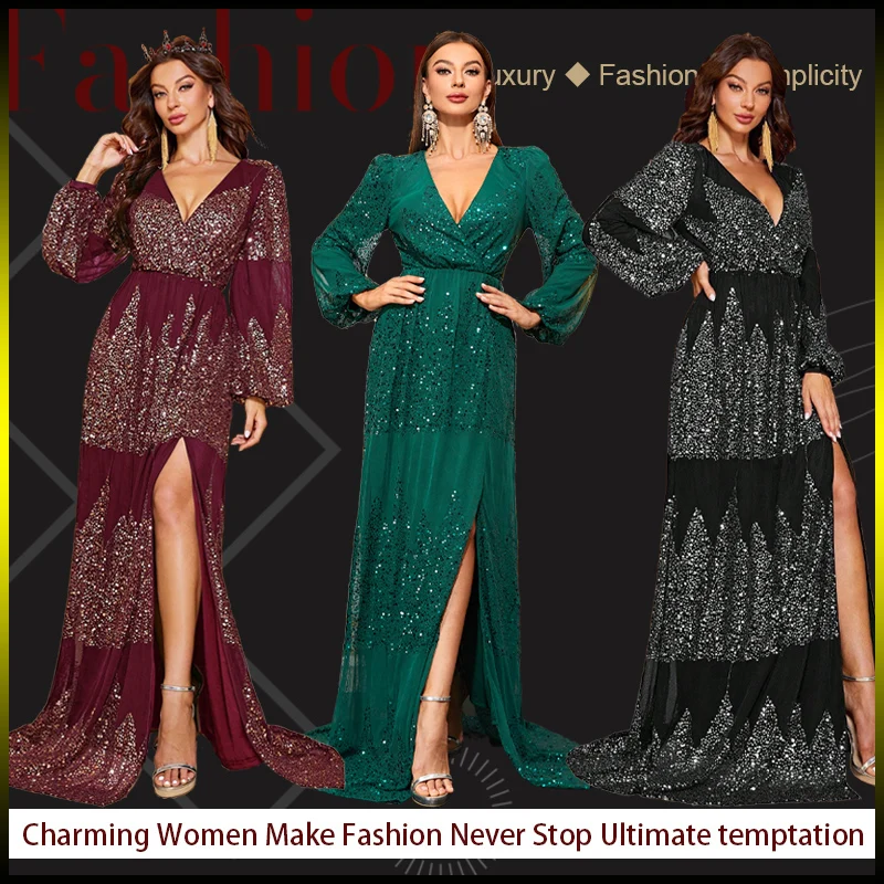 

New Black Autumn Green V Neck Women's Plunging Neck Lantern Sleeve Split Thigh Sequin Formal Prom party Evening Dress