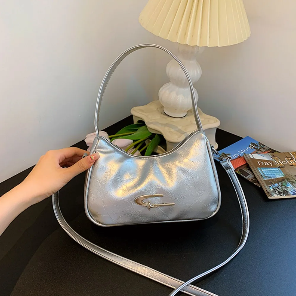 

PU Leather Single Shoulder Bag Fashion Solid Color Simple Clutch Purse Y2k Silver Hobo Tote Handbag Girls