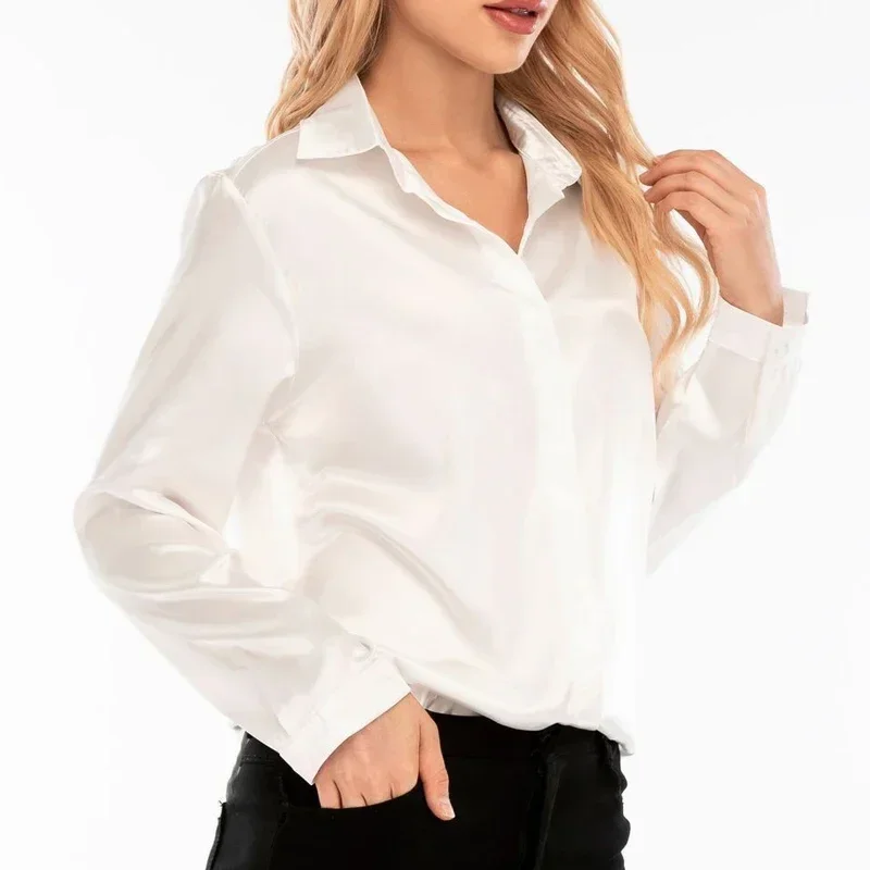 

Весенняя женская одежда, Элегантная атласная блузка, Модная шелковая рубашка с отложным воротником, Винтажные белые топы с длинным рукавом, женские блузы 25632