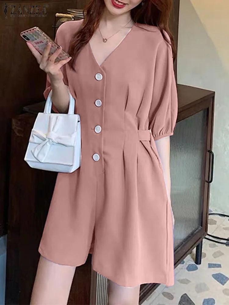 

2024 Women Summer Jumpsuits ZANZEA Short Sleeve V-neck Casual Short Playsuits Elegant Loose Pleated Solid Color Buttons Overalls