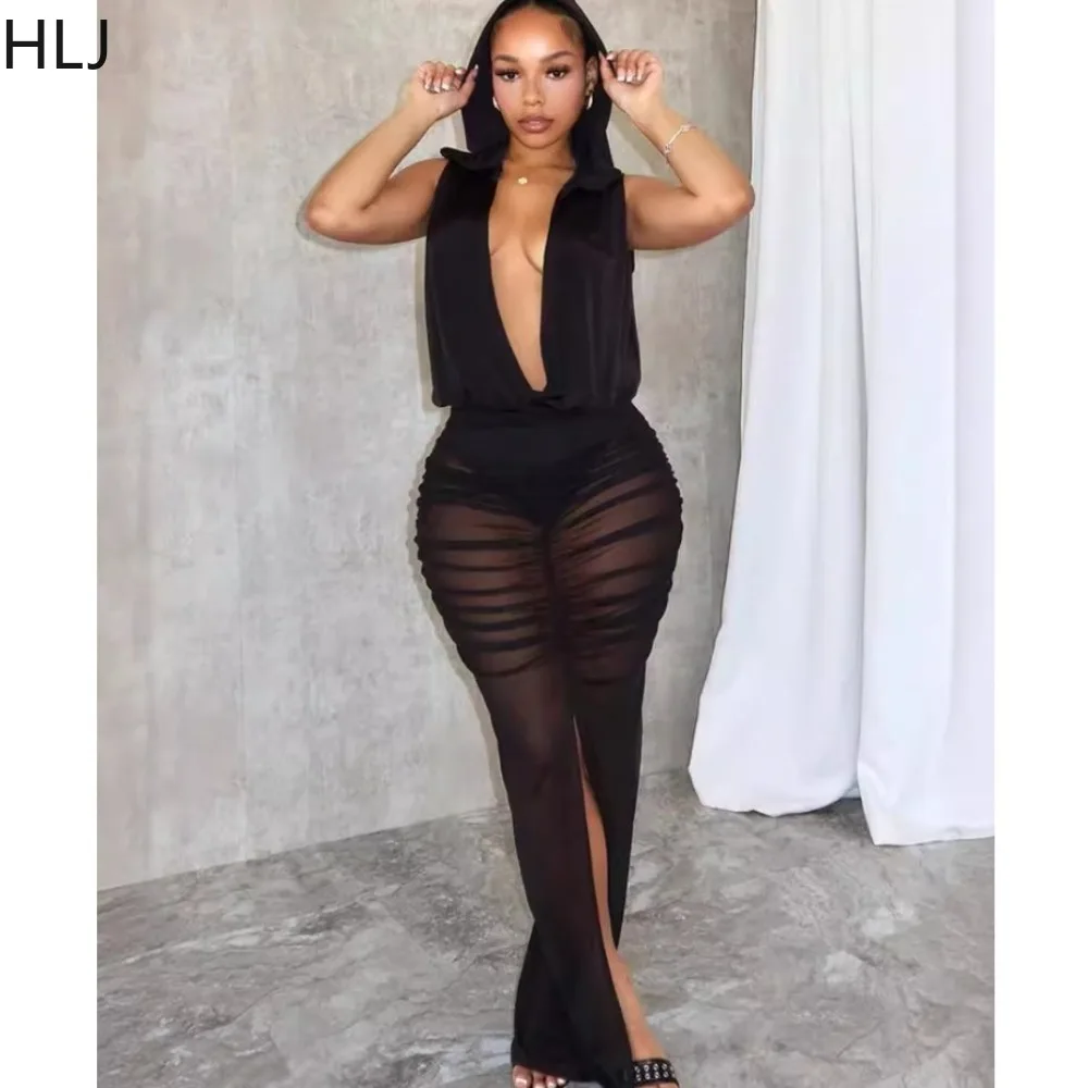 

HLJ Black Sexy Perspective Mesh Deep V Hooded Dresses Women Sleeveless Ruched Bodycon Vestidos Fashion Lady Slit Slim Clothing