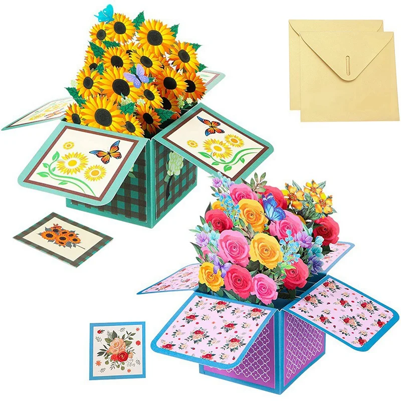 

2 Pcs Sunflower Flower -Up Card For Mother's Day 3D Bouquet Envelope For Mothers Day Mom Gifts