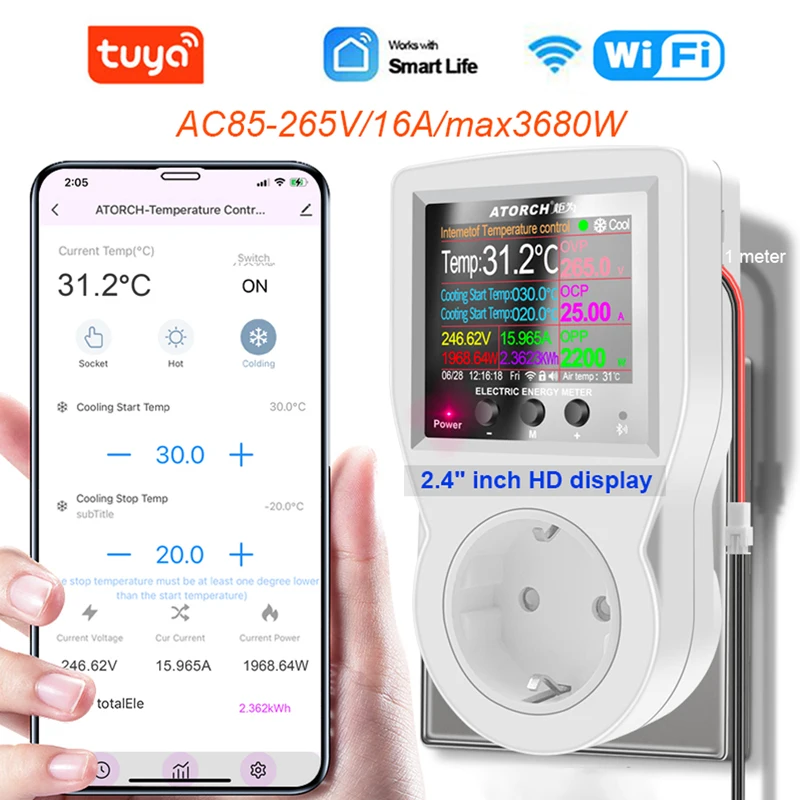 

Tuya S1 WIFI Thermostat Socket 16A AC220V Digital Incubator Temperature Controller Timer Switch With Outlet For Heating Cooling