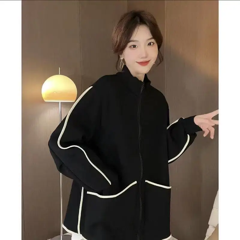 

Cotton Autumn And Winter New Plush Lapel Zippered Jacket For Women's Color Matching Loose Cardigan Top