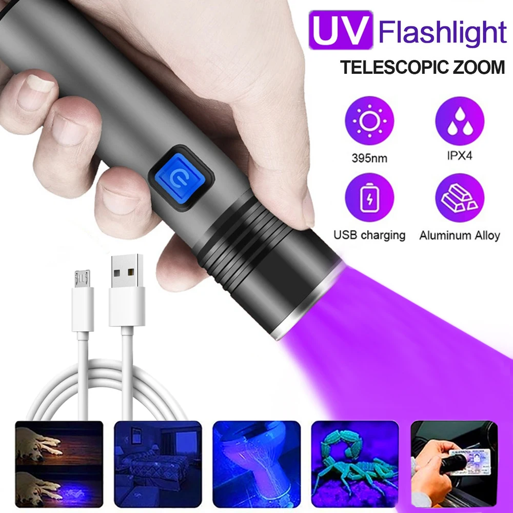 

Rechargeable LED UV Flashlight Ultraviolet Torch Zoomable Mini 395nm UV Black Light Pet Urine Stains Detector Scorpion Hunting