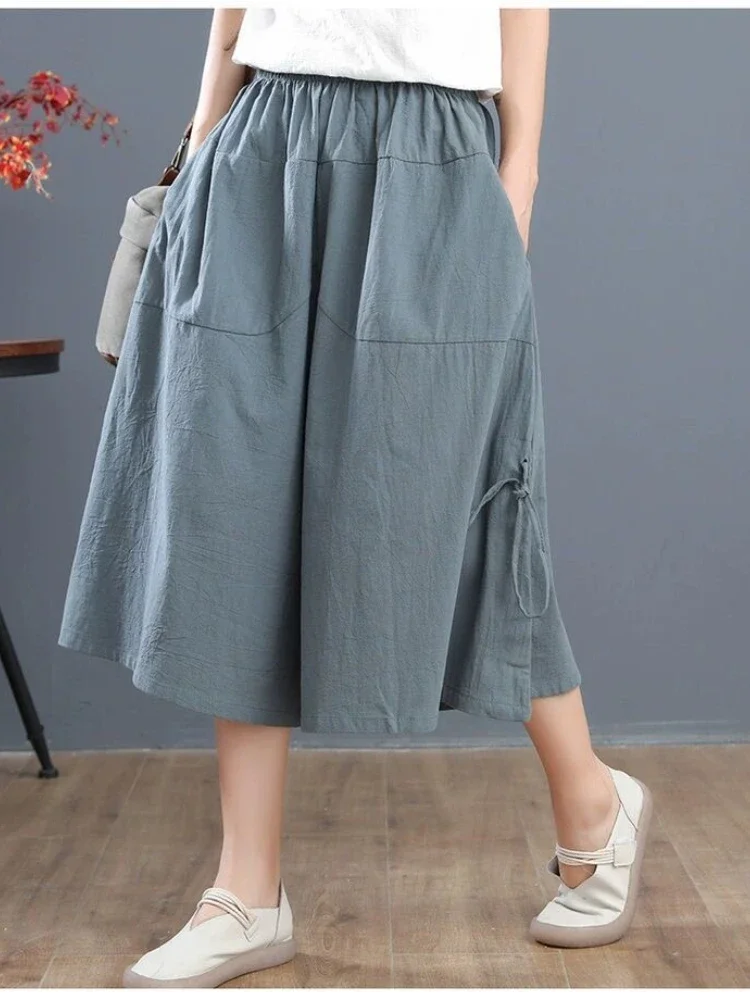 

Loose Bloomers Casual Elastic Waist Wide Leg Pants Large Size Middle Women's Solid Color Culottes Cropped Z230
