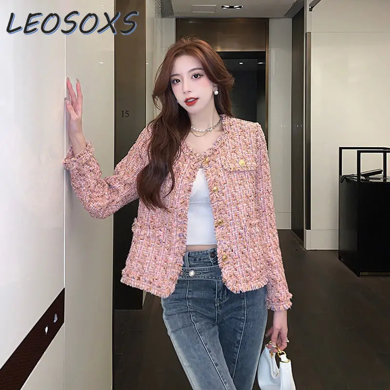 

2024 Early Spring Women's Pink round Neck Tassel Outerwear New Korean Fashion Long Sleeve Loose Raw Edge Tweed female Jacket