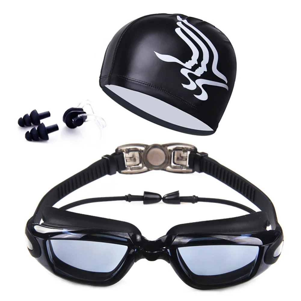 

Adult Swimming Glasses Kit Coated Lens Anti Fog Swim Goggles + Cap + Case + Nose Clip + Ear Plugs 1 Set Men Women No Leaking