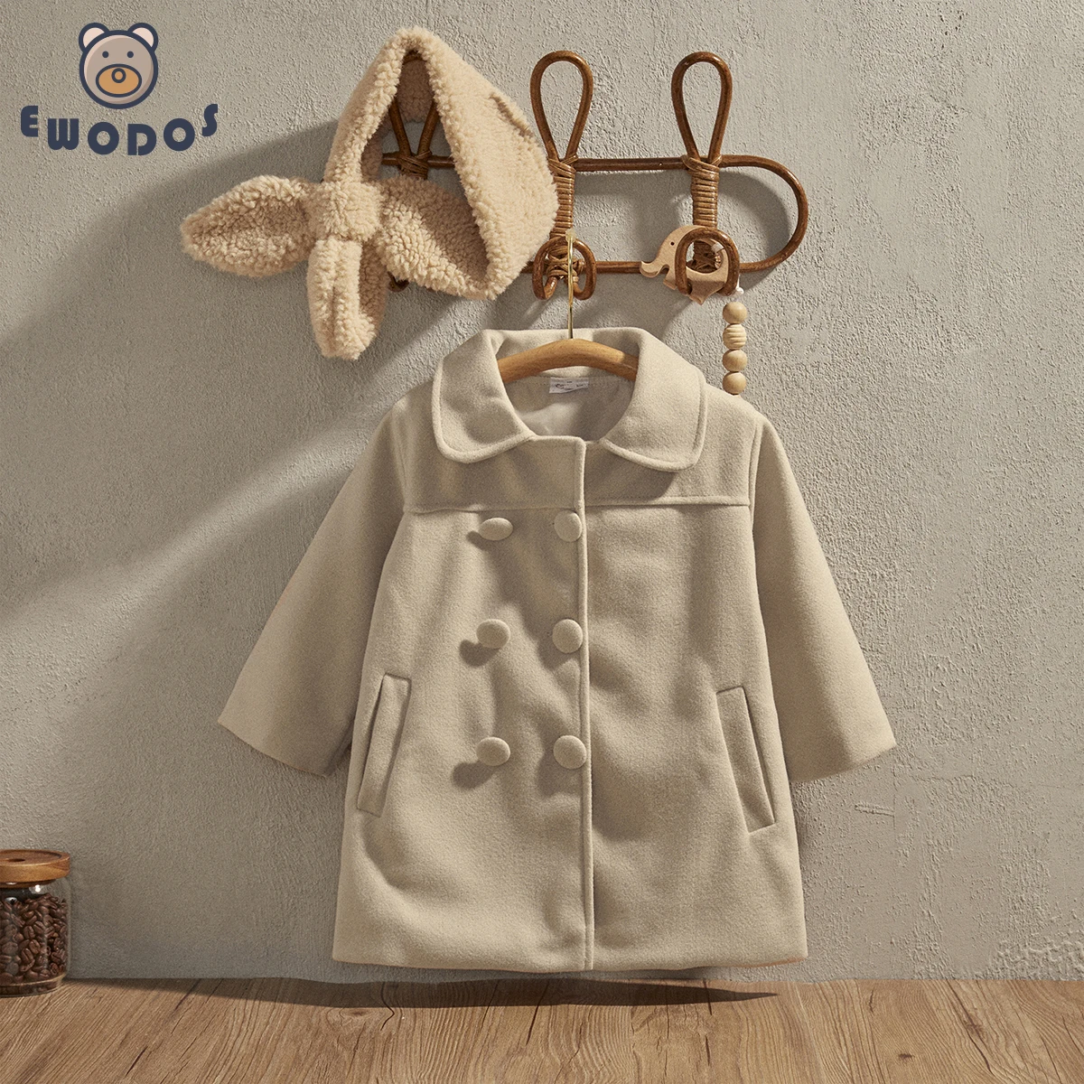 

EWODOS Toddler Baby Girls Winter Fashion Wool Trench Coats Kids Apricot Color Long Sleeve Button Trench Outerwear Warm Jackets