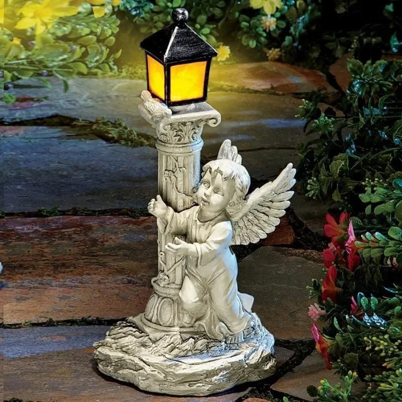 

New Solar Lamp European Roman Column Angel Sculpture Outdoor Garden Courtyard Home Decoration Resin Crafts