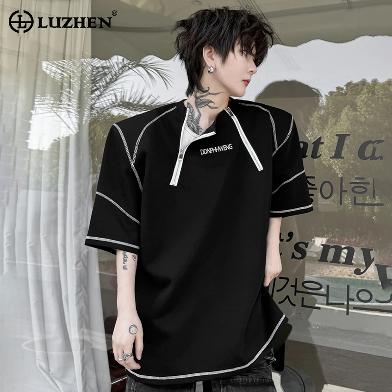 

LUZHEN металлическая молния Сращивание Дизайн личные модные футболки с коротким рукавом оригинальные корейские мужские стильные уличные Топы LZ2601