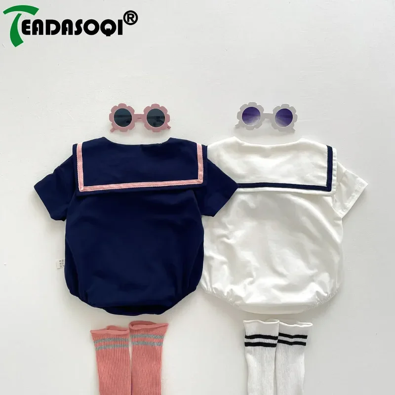 

0-2Y Newborn Baby Girls Rompers Summer Short Sleeve Color-Block Sailor Collar Bow Bodysuits Infant Kids Jumpsuit Outdoor Clothes
