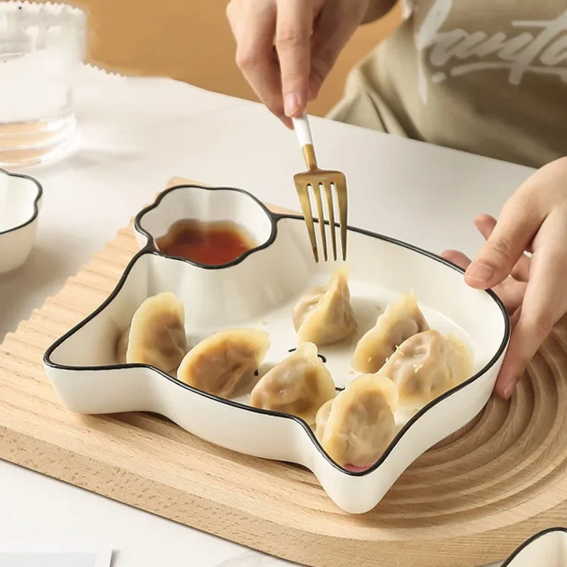 

Cute Dumpling Plate Compartment Ceramics Kawaii Cat Shiba Inu Fruit Dessert With Sauce Snacks Decorative Dish Kitchen Tableware