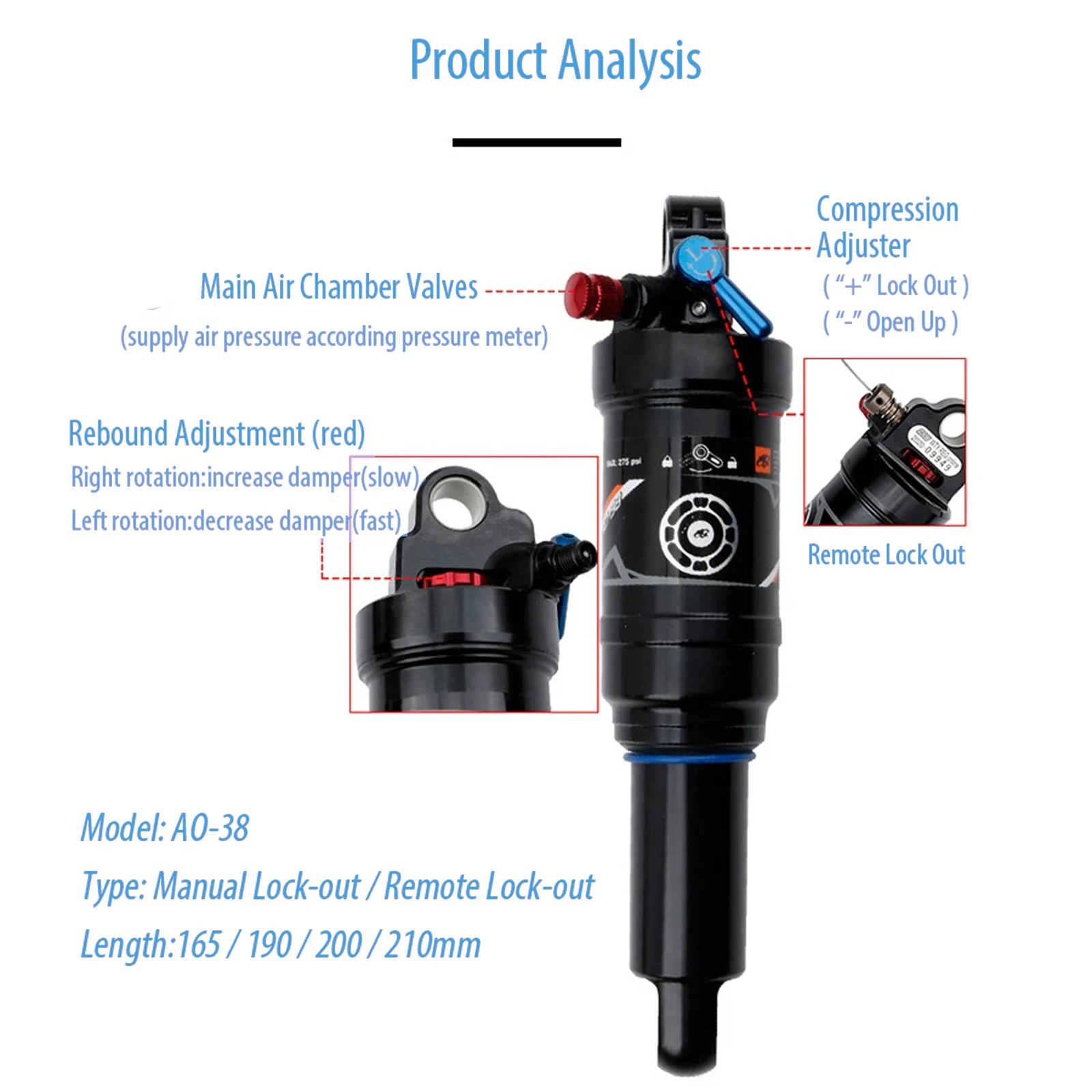 Smooth Rebound and Air Pressure Adjustment DNM AO38RC Mountain Bike Air Rear Shock for HD AM AC 165 190 200 210mm
Smooth Rebound and Air Pressure Adjustment DNM AO38RC Mountain Bike Air Rear Shock for HD AM AC 165 190 200 210mm