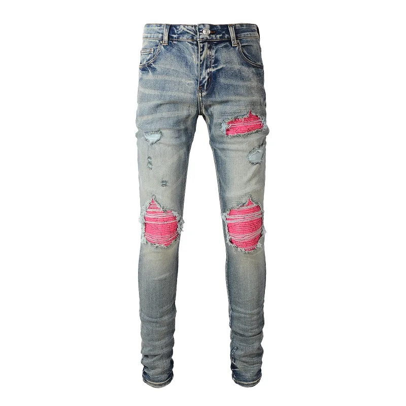 

New Arrival Men's Distressed Light Blue Streetwear Skinny Stretch Destroyed Hole Tie Dye Bandana Ribs Patches Ripped Jeans Pants