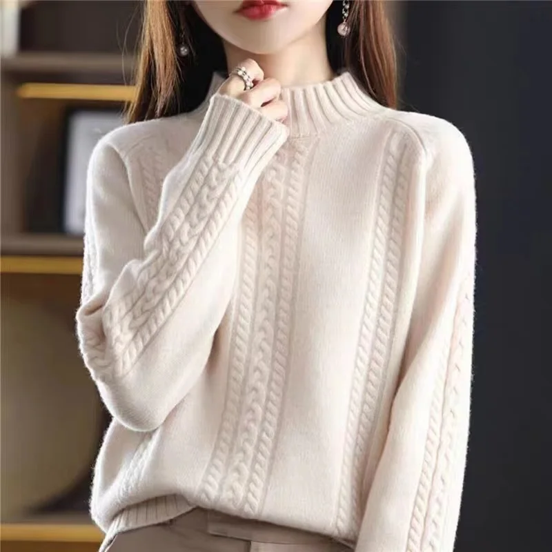 

Autumn Winter Mock Neck Sweater Women Solid Colors Twist Bottoming Jumper Korean Fashion Loose Long Sleeve Knitwear Pullover Top