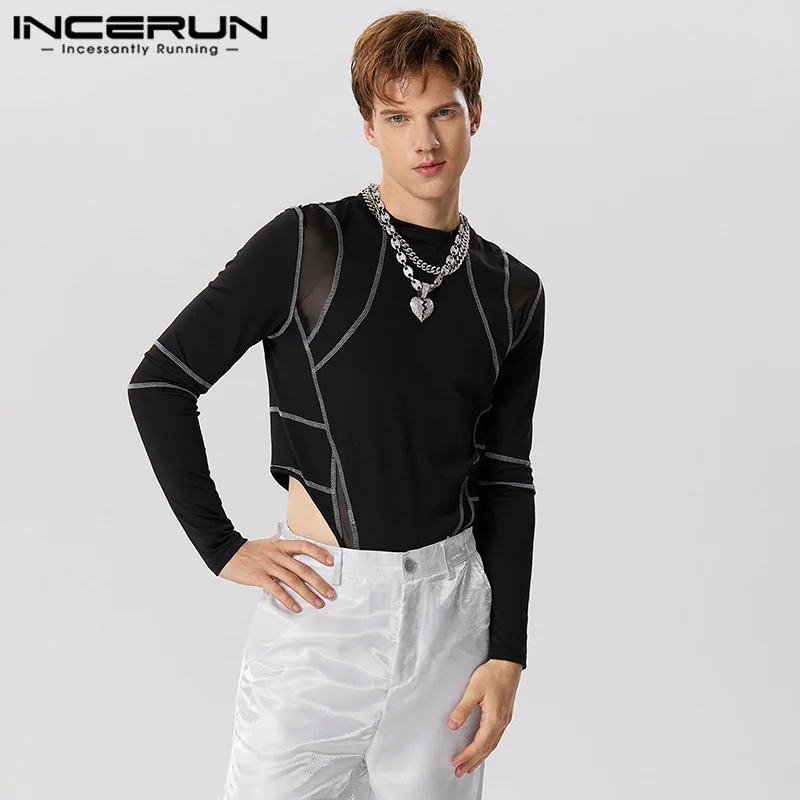 

INCERUN 2023 Sexy New Men's Jumpsuits Fashion Line Splicing Design Rompers Casual Party Shows O-Neck Long Sleeve Bodysuits S-5XL