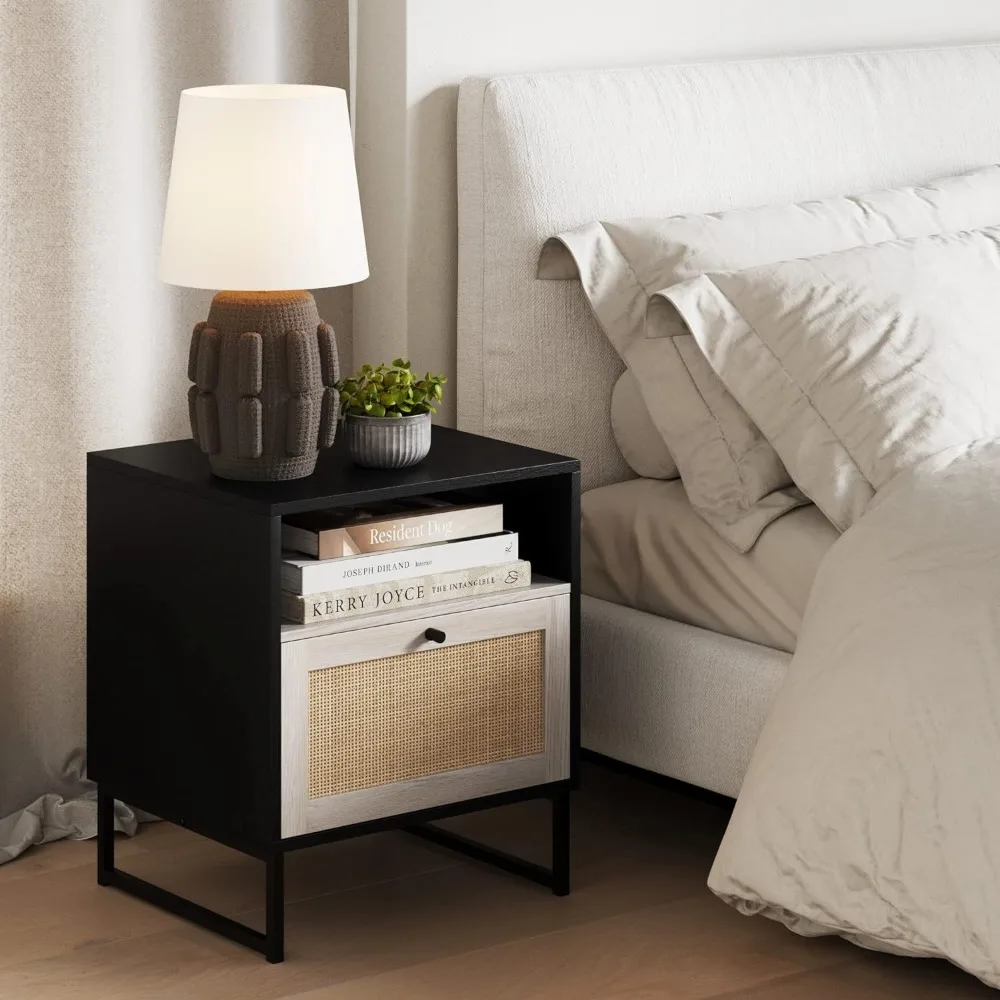 

Rattan Wood End Side Accent Table Nightstand with Storage for Living Room or Bedroom, 1, Black Oak/Black