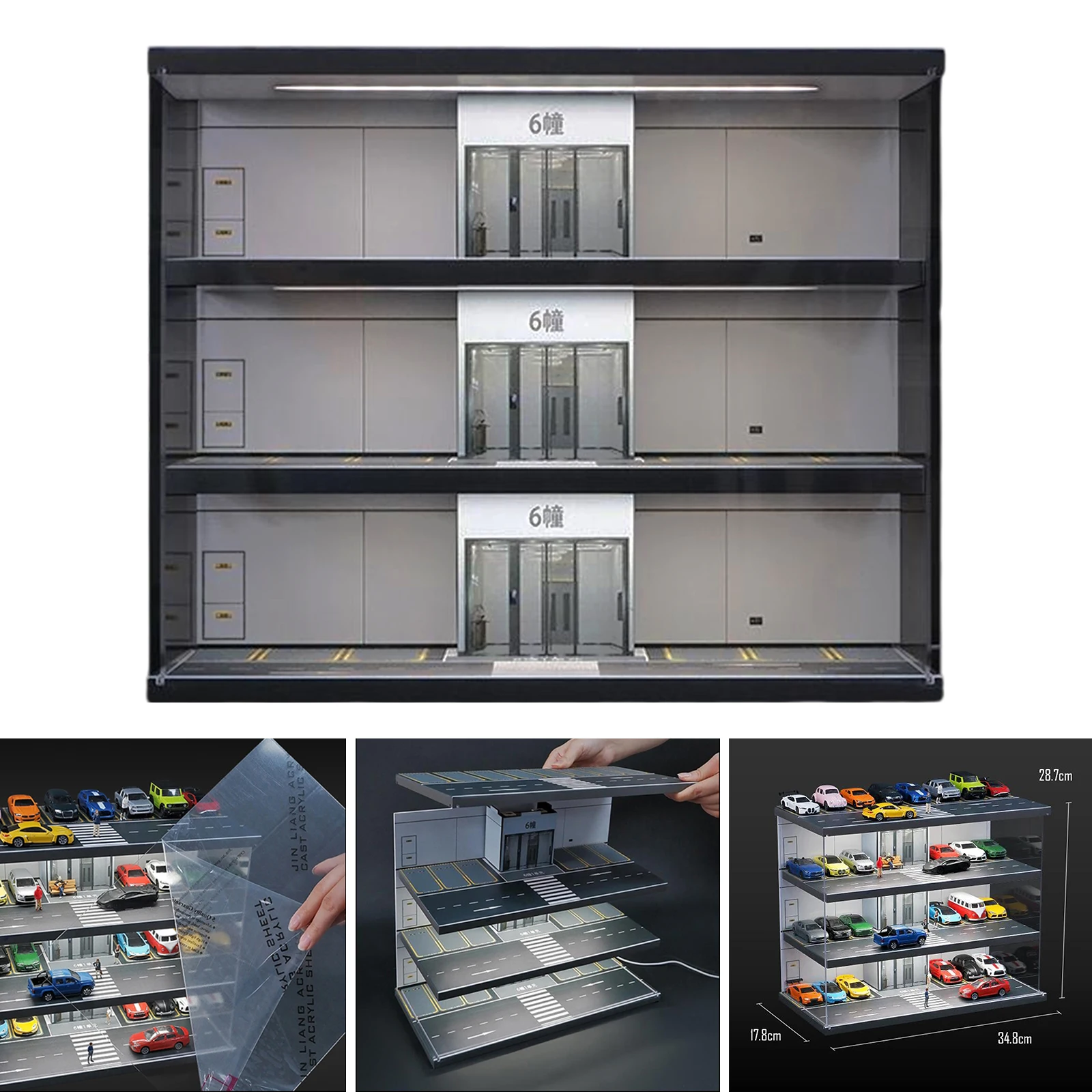 

1/64 Scale Parking Lot Display Case with Light Acrylic Vehicle Scene Toy for Collection Diecast Car with LED Lights Diecast