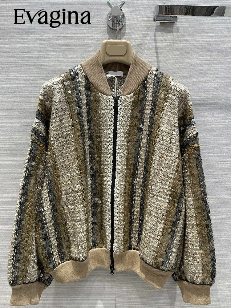 

Evagina Designer Runway Spring Autumn Vintage Striped Sequins Knitting Jacket Women's Stand Collar Loose Lantern Sleeve Coat