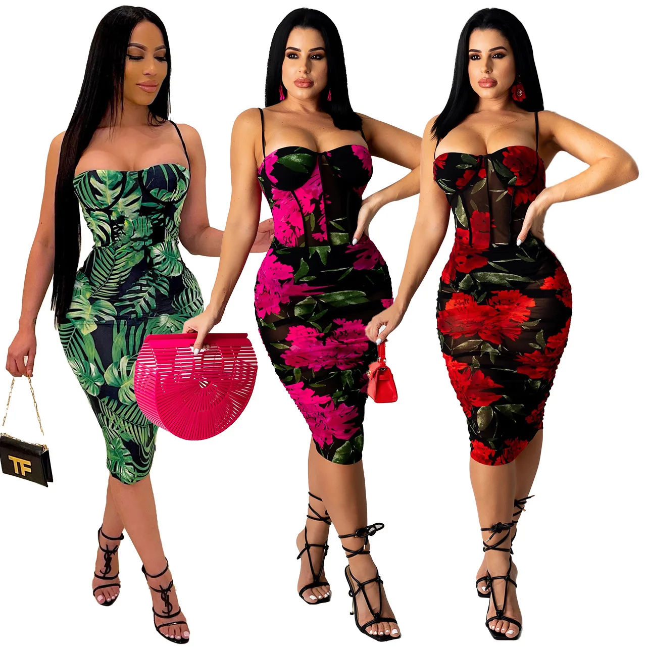 

SKMY Fashion Women Clothing Summer Sexy Night Club Outfits Spaghetti Strap Dress Printed High Waist Bodycon Party Dresses