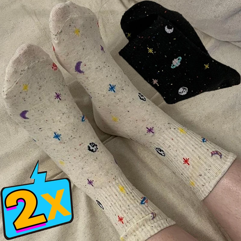 

1/2pairs Lovely Moon Stars Socks Pattern Women Girls Harajuku Black White Cotton Stockings Sweet Planet Space Tube Long Meias