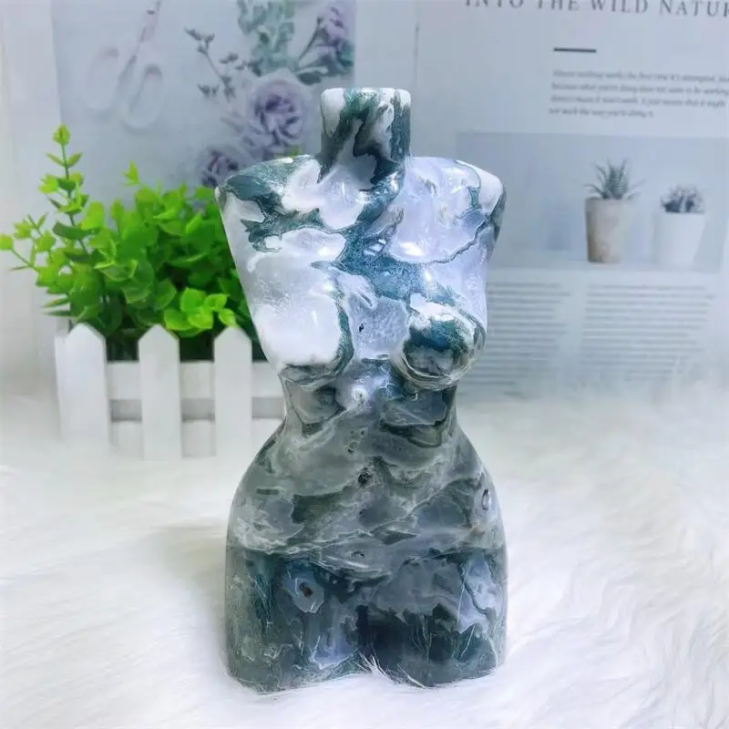 

18.5cm Natural Moss Agate Crystal Model Body Carved Healing Reiki Figurine Quartz Gemstone Ornament Craft Gift Decoration 1pcs