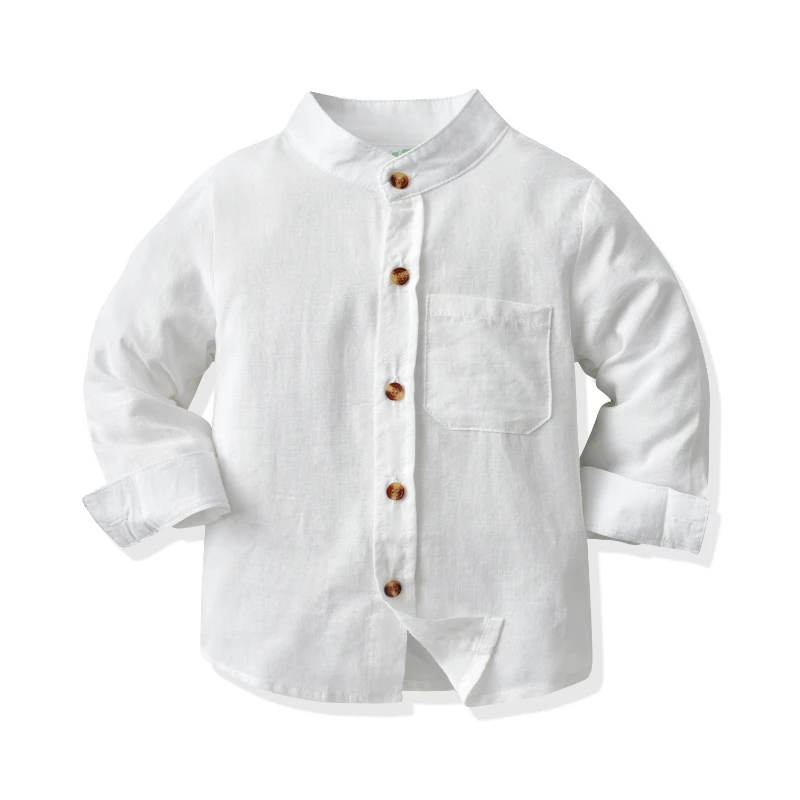 

Boys Cotton White Long-Sleeved Shirt Spring New Children's Baby Formal Mandarin Collar Buttons Cardigan Shirts With A Pocket