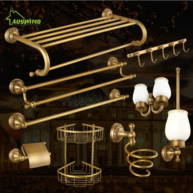 

Antique Bronze Carved Brushed Bathroom Hardware Sets Wall Mounted Products Brass Towel Ring Accessories Set HQ