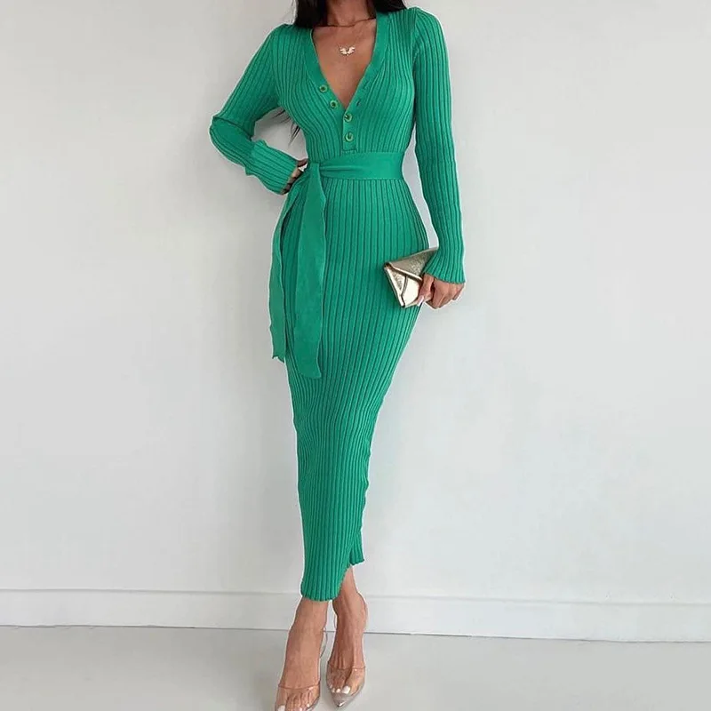 Female Long Sleeve Single Breasted Knit Dress Elegant Solid Color V Neck Slim Dress Autumn High Waist Lace-up Ribbed Long Dress
Female Long Sleeve Single Breasted Knit Dress Elegant Solid Color V Neck Slim Dress Autumn High Waist Lace-up Ribbed Long Dress